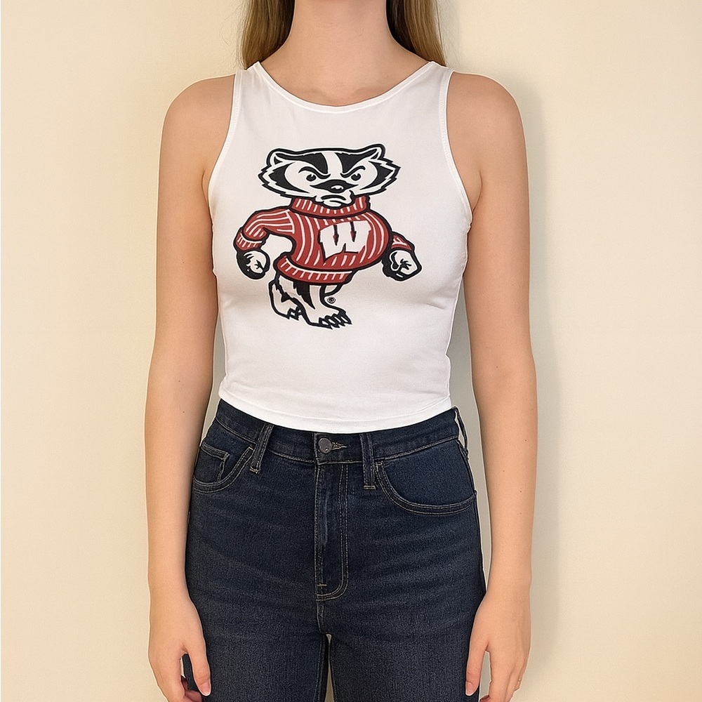 Zoozatz Bucky Badger Crop Top Tank Top with Built in Bra Size XS.